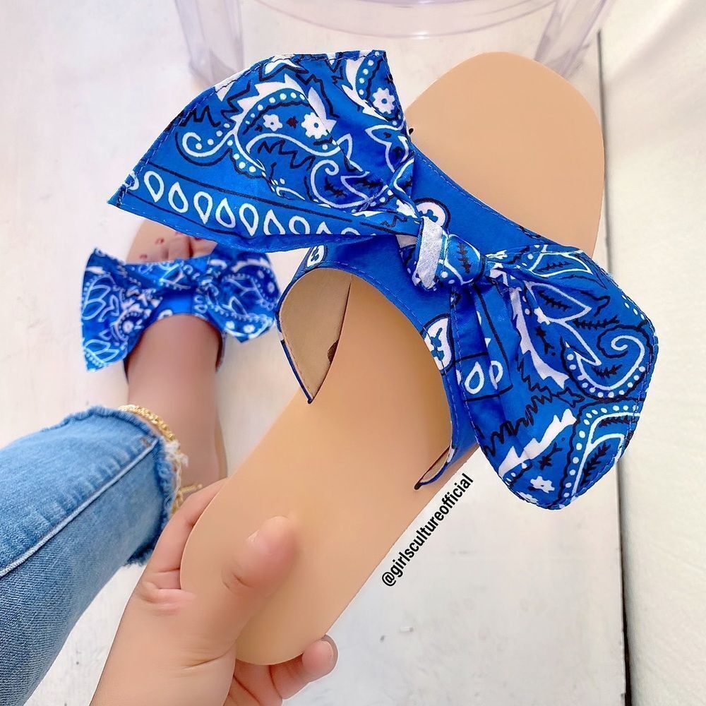 Royal Blue Bandana Bow Slides Sandals